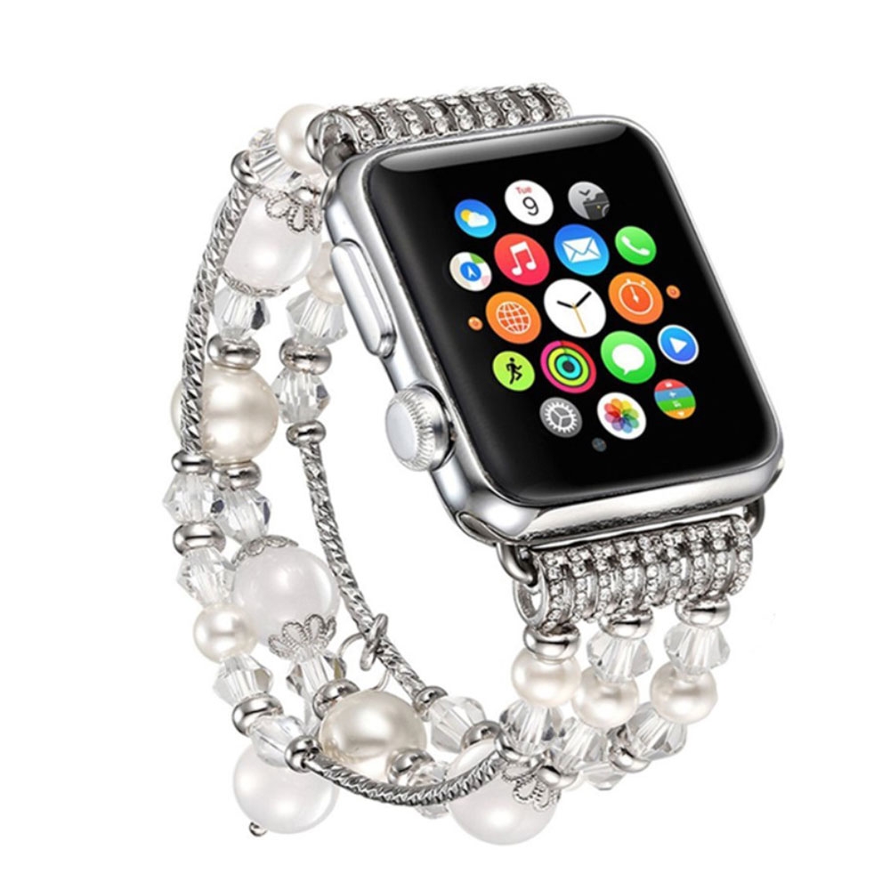 Apple Watch (42 mm / 44 mm) Elastisches Glitzer Perlen Ersatz Armband - Silber / Weiss Apple Watch (42 mm / 44 mm) Elastisches Glitzer Perlen Ersatz Armband - Silber / Weiss